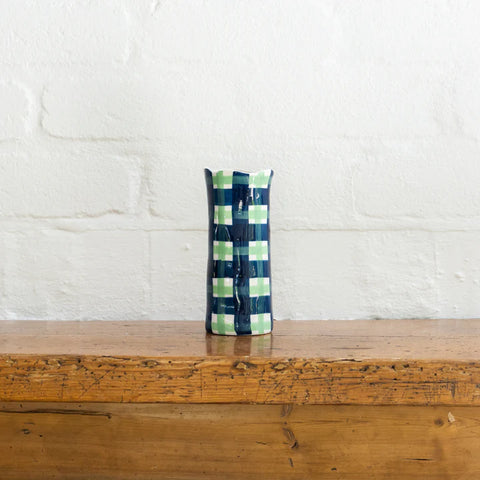 SMALL NAVY AND GREEN GINGHAM VASE