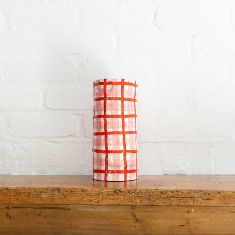 LARGE PINK AND RED GINGHAM VASE