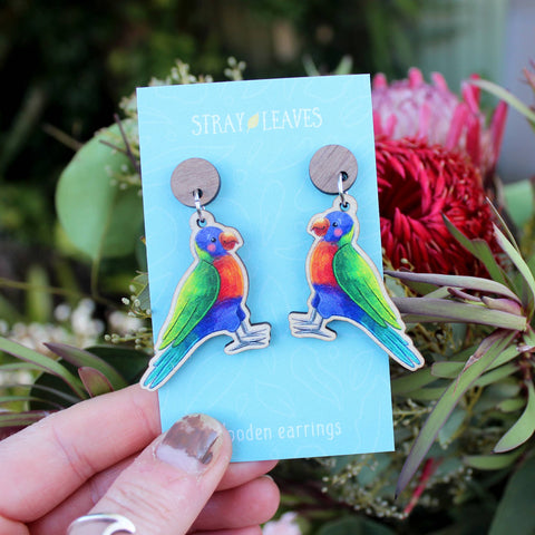 Stray Leaves - Rainbow Lorikeet Australian Bird wooden earrings