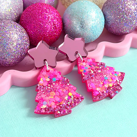 TWINKLING LIGHTS : PINK CHRISTMAS TREES : Handmade Resin & Acrylic Stud-top DROP Earrings