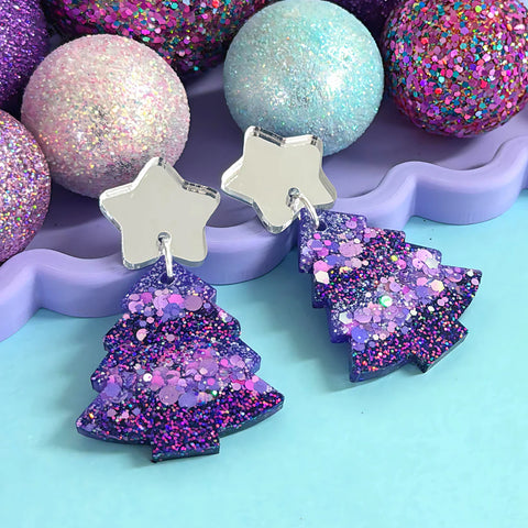 TWINKLING LIGHTS : VIOLET CHRISTMAS TREES : Handmade Resin & Acrylic Stud-top DROP Earrings