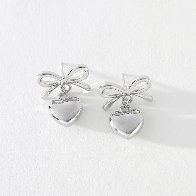 Bow & Heart Studs in Silver