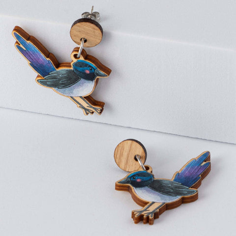 Stray Leaves - Superb Fairywren Australian Bird wooden earrings