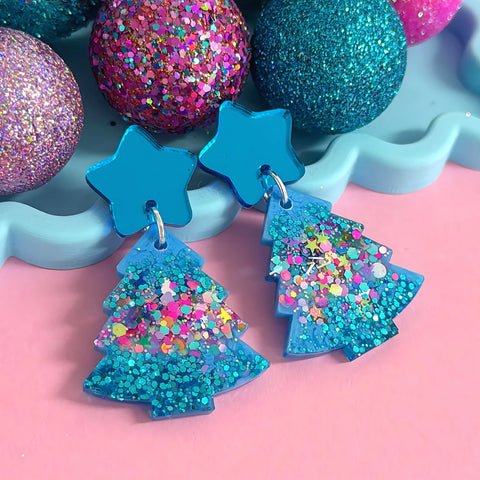 TWINKLING LIGHTS : RAINBOW CHRISTMAS TREES : Handmade Resin & Acrylic Stud-top DROP Earrings