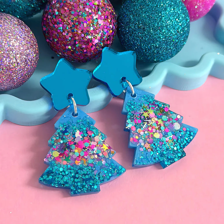 TWINKLING LIGHTS : RAINBOW CHRISTMAS TREES : Handmade Resin & Acrylic Stud-top DROP Earrings