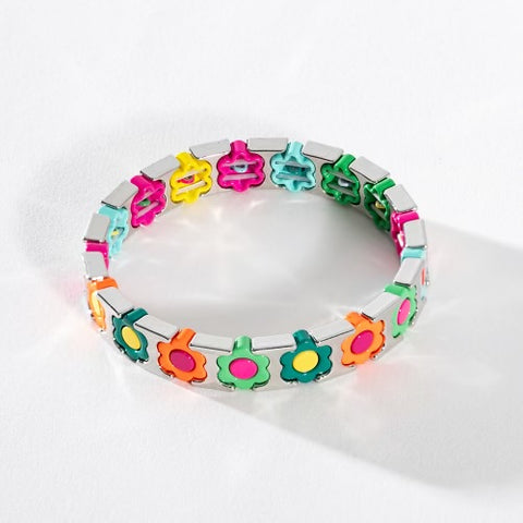 Silver Enamel Stacking Bracelet - Flower Power Multi