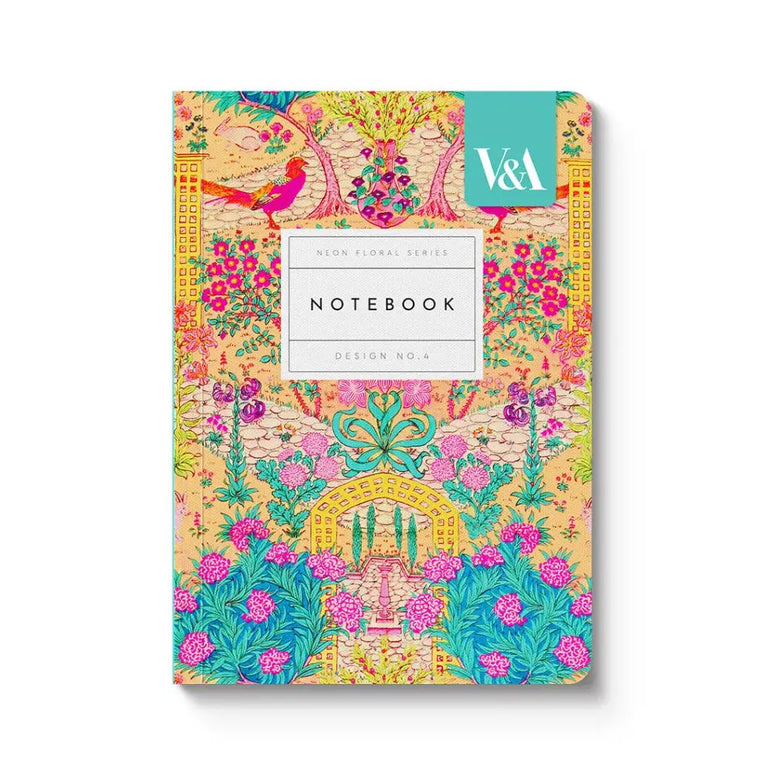 V&A A6 Soft Cover Notebook-Neon Floral Ornate Garden