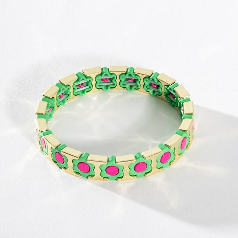 Gold Enamel Stacking Bracelet - Flower Power Mint Pink