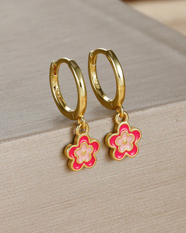 Blossom Flower Delicate Hoop Earrings - Hot Pink