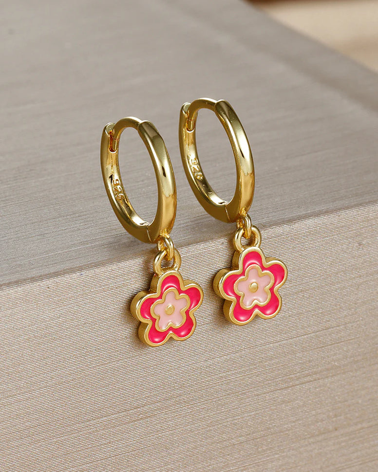 Blossom Flower Delicate Hoop Earrings - Hot Pink
