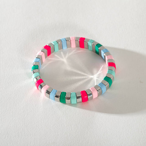 Silver Enamel Stacking Bracelet - Rounded Pink Pop