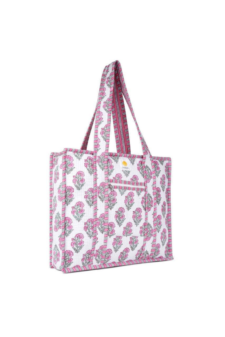 Cotton Tote Bag With Zip - White Pink