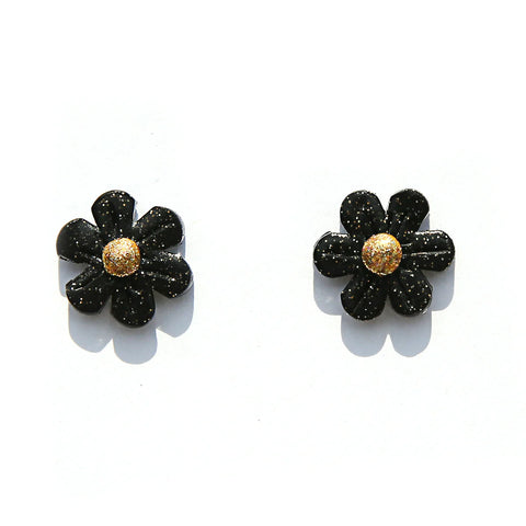 Large Flower Studs Black Sparkle