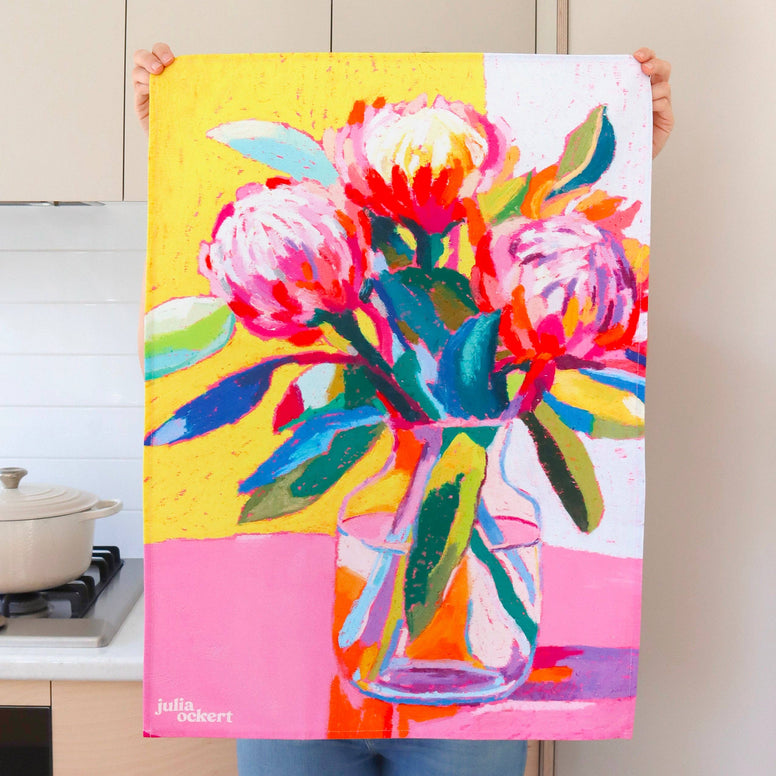 Proteas Tea Towel - Dopamine Decor - Original Floral Artwork