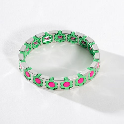 Silver Enamel Stacking Bracelet - Flower Power Mint Pink