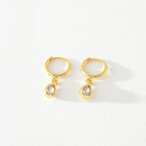 Clear Gem Huggie Tear Drop Hoops - Gold & Silver