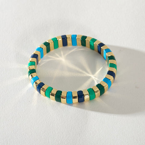 Gold Enamel Stacking Bracelet - Rounded Blue Green