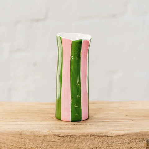 Small Dark Green & Pink Stripe Vase