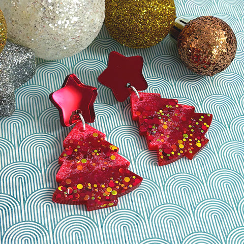 TWINKLING LIGHTS : RUBY CHRISTMAS TREES : Handmade Resin & Acrylic Stud-top DROP Earrings