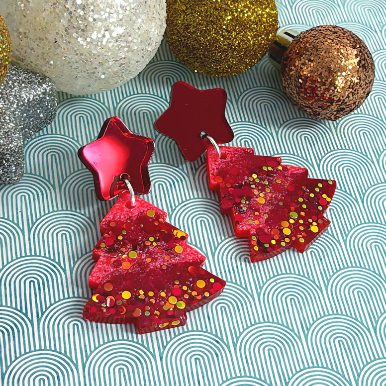TWINKLING LIGHTS : RUBY CHRISTMAS TREES : Handmade Resin & Acrylic Stud-top DROP Earrings