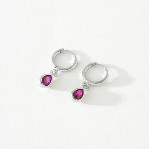 Pink Gem Huggie Tear Drop Hoops - Gold & Silver