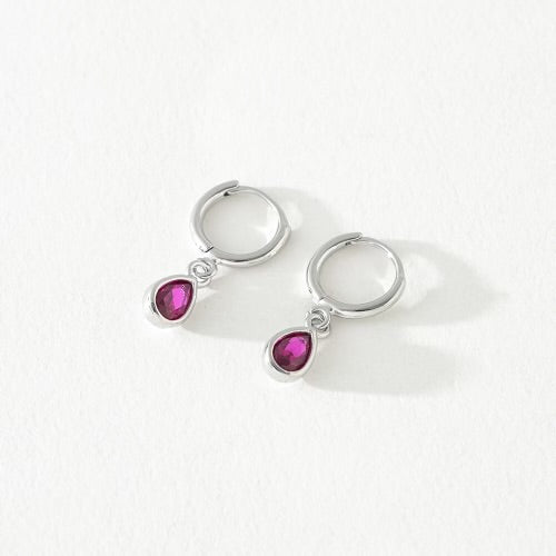 Pink Gem Huggie Tear Drop Hoops - Gold & Silver