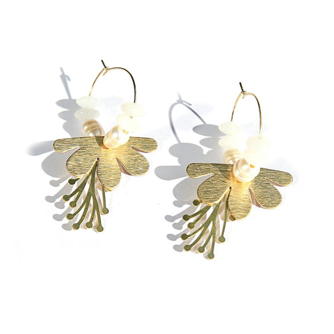 Flower Brass Pearl Hoops