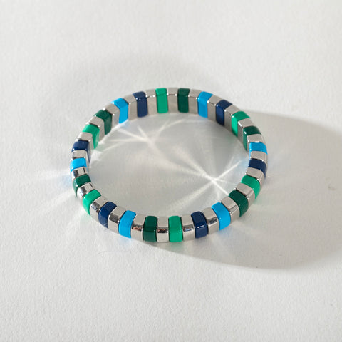 Silver Enamel Stacking Bracelet - Rounded Green / Blue