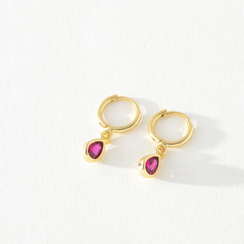 Pink Gem Huggie Tear Drop Hoops - Gold & Silver