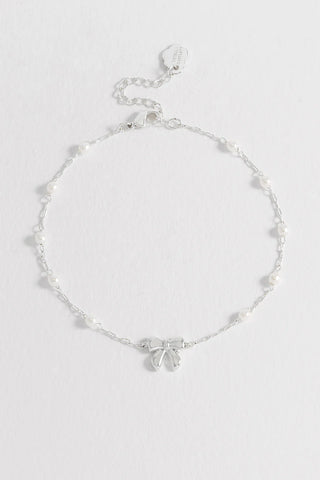 Pearl Bow Beaded Chain Bracelet  - Silver Plated