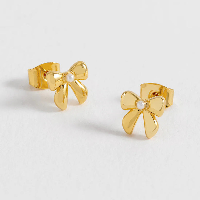 Pearl Bow Stud Earrings - Gold Plated