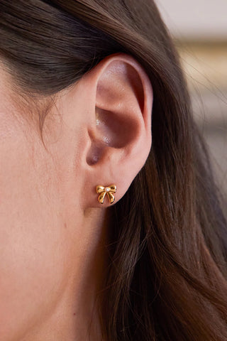 Pearl Bow Stud Earrings - Gold Plated