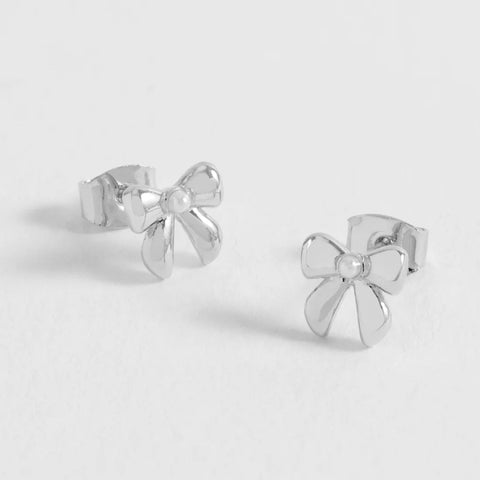 Pearl Bow Stud Earrings - Silver Plated
