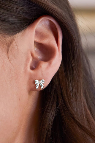 Pearl Bow Stud Earrings - Silver Plated