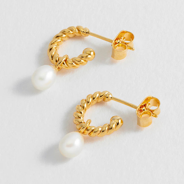 Pearl Drop And Twist Hoop Earrings - Gold Plated