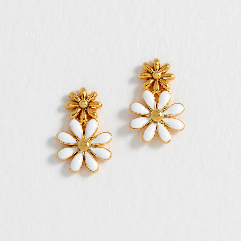 White Enamel Double Flower Studs - Gold Plated