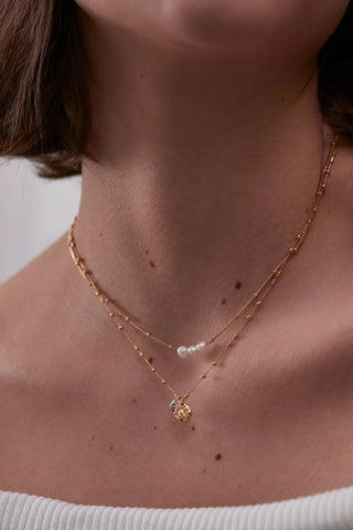 Triple Beaded Chain And Molton Pebbles Necklace - Gold Plated