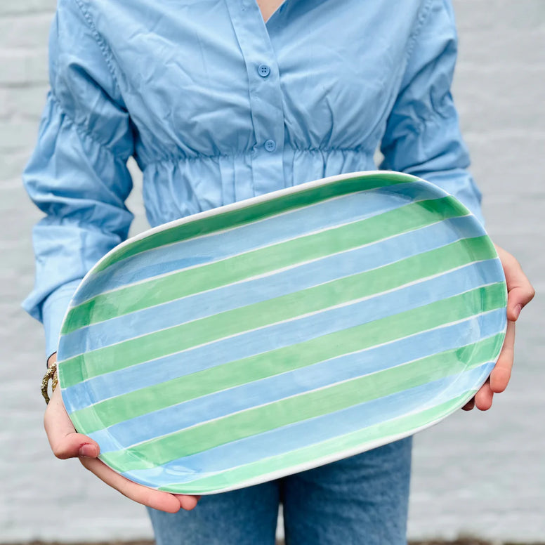 Oval Platter - Blue & Mint Green Stripe