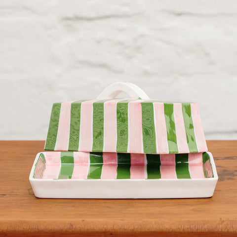 Butter Dish - Green & Pink Stripe