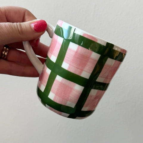 Pink and forest green gingham mug