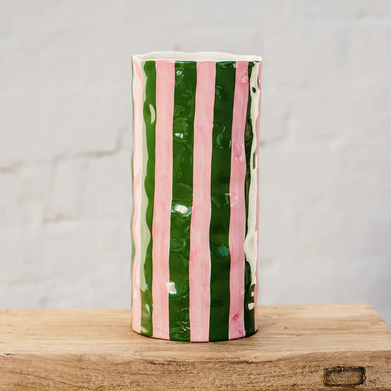 Large Vase - Dark Green & Pink Stripe