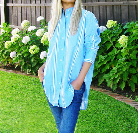 Harriot - Curved Hem Chambray Blue Cotton Poplin Shirt