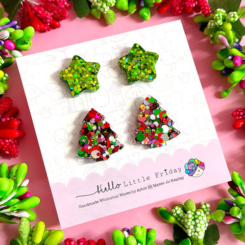 STAR & CHRISTMAS TREE STUD SET : Vibrant green stars + Traditional red green silver trees