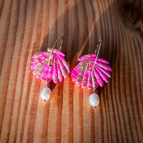 Pink Shell Dangles with Freshwater Pearls