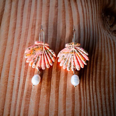 Coral Shell Dangles with Freshwater Pearls