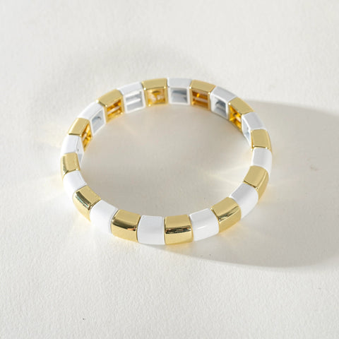 Gold Enamel Stacking Bracelet - Stripe Rounded Baby White / Gold