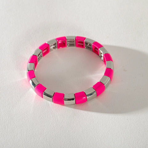 Silver Enamel Stacking Bracelet - Stripe Rounded Hot Pink/Silver