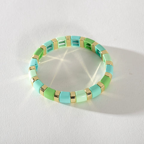 Gold Enamel Stacking Bracelet - Stripe Rounded Baby Aqua / Mint / Gold