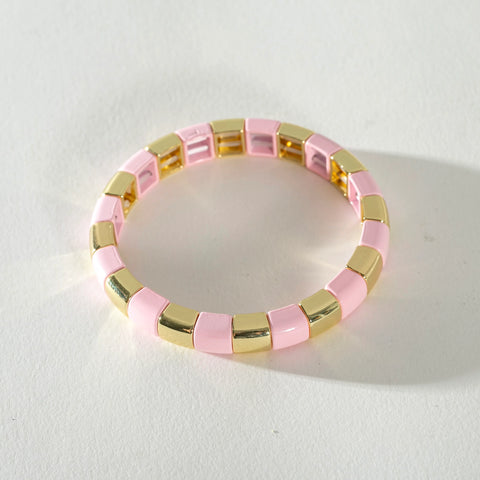 Gold Enamel Stacking Bracelet - Stripe Rounded Baby Pink / Gold