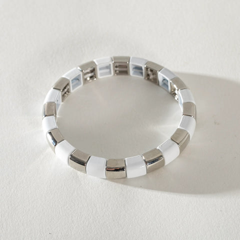 Silver Enamel Stacking Bracelet - Stripe Rounded White /Silver